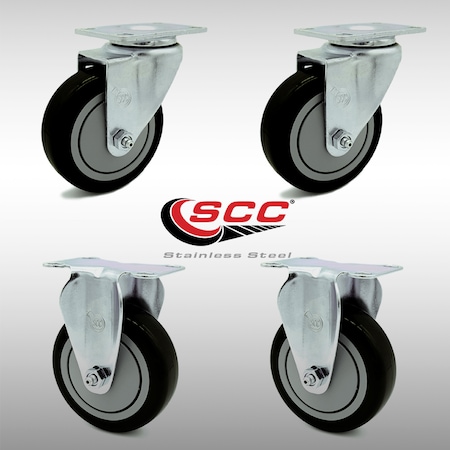 Service Caster 4 Inch SS Black Polyurethane Swivel Top Plate Caster Set with 2 Rigid SCC SCC-SS20S414-PPUB-BLK-2-R414-2